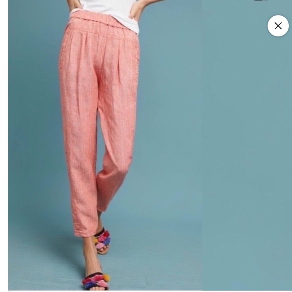 Anthropologie Striped‎ Linen Pants Coral Pink High Rise Tapered Leg Small